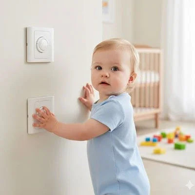 Cache prise avec bébé debout a coté d' une prise