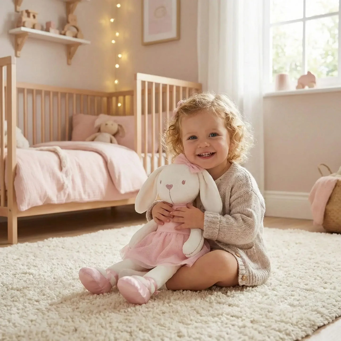 Petite fille souriante assise sur tapis, câlinant un doudou lapin rose dans une chambre bébé.