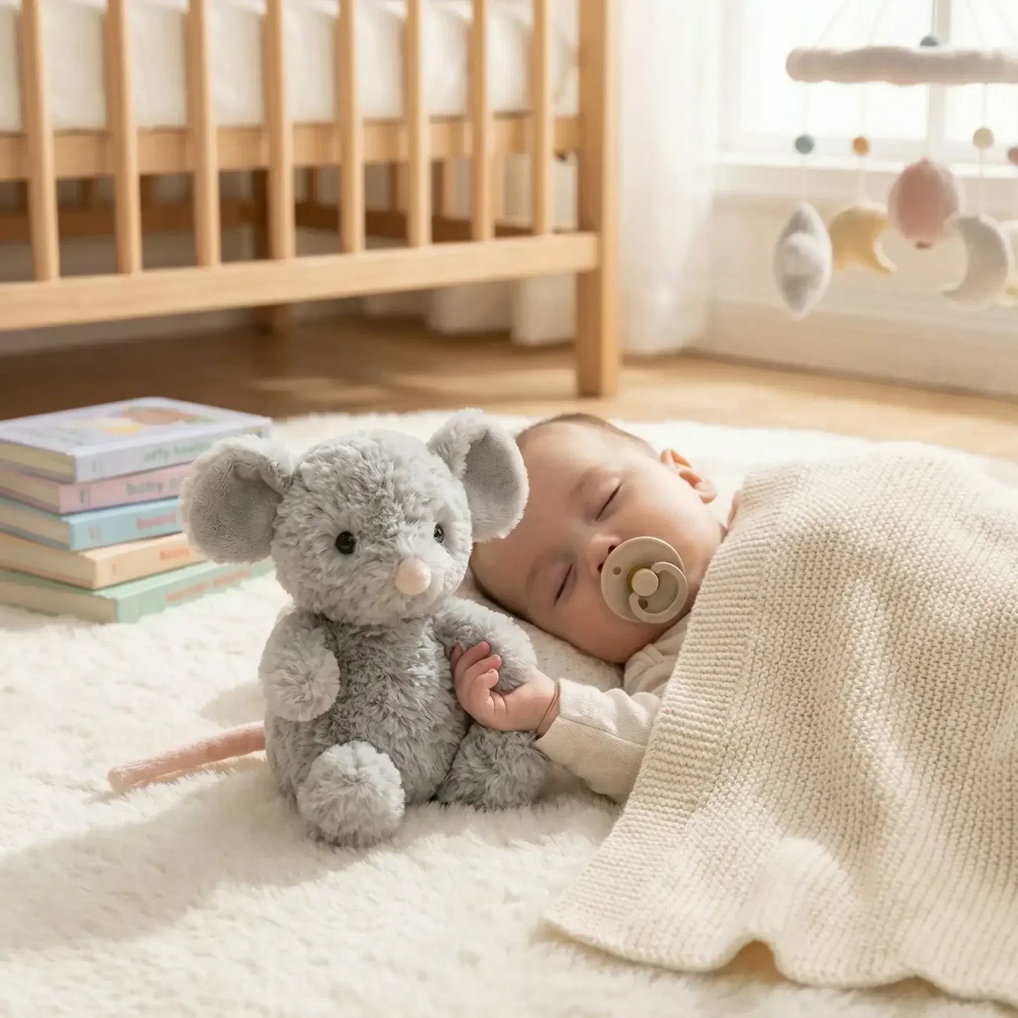 Bébé endormi avec doudou souris grise, cadeau de naissance, douceur et confort - Nanoukid