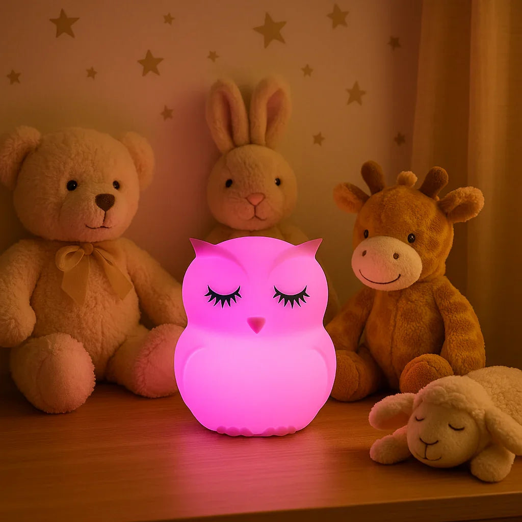 Veilleuse bébé hibou rose lumineux entourée de peluches dans une chambre d'enfant