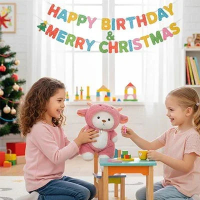 Ours en peluche rose avec 2 petites filles qui jouent