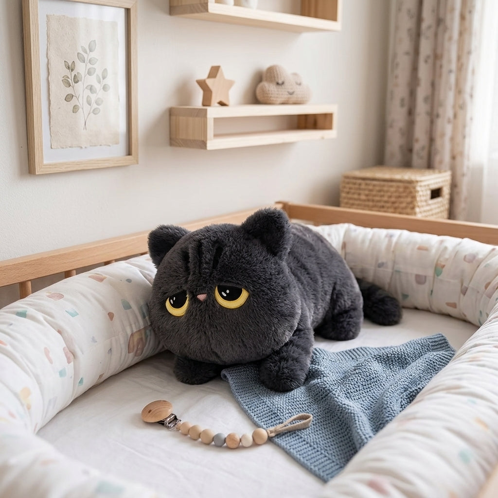 peluche chat gris géant dans lit bebe