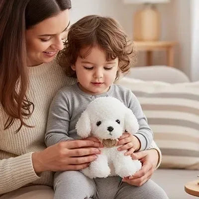 Peluche Chien blanc dans les bras de bébé assis sur maman