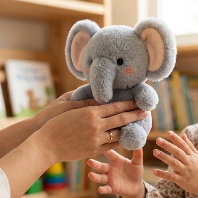 Peluche elephant grise dans les mains d'une maman