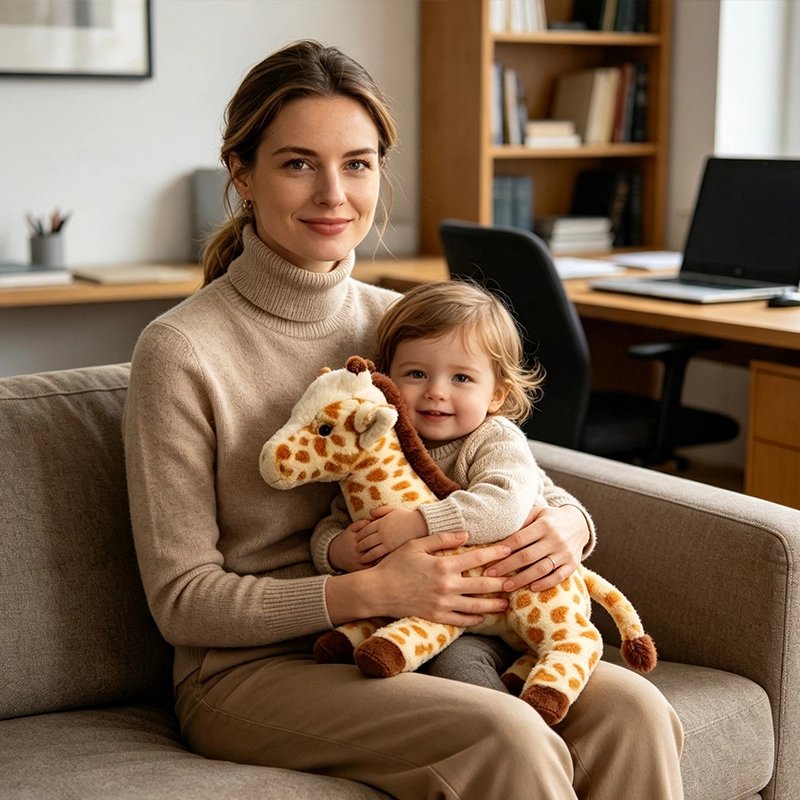 Peluche girafe qui fait calin a bébé dans les bras de maman