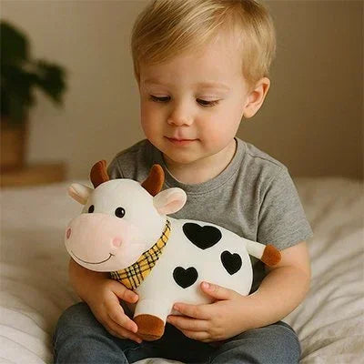 Peluche vache blanche dans les bras d'un petit garcon