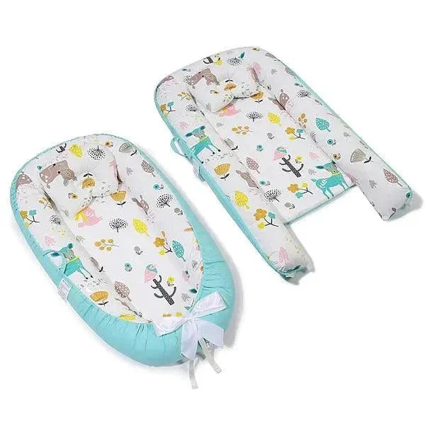 Réducteur de lit bébé turquoise, motifs animaux, coussin, matelas confortable