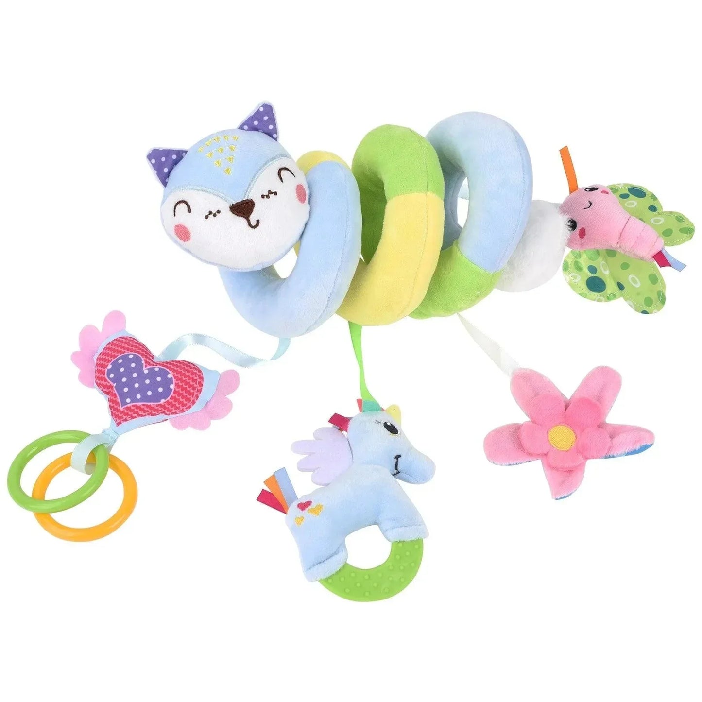 Spirale d’activité bébé chat en peluche colorée avec jouets suspendus, idéale pour éveil