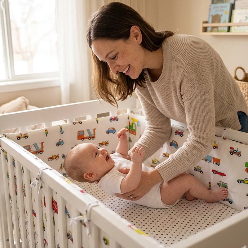 Tour de lit bébé protégé et maman est rassurée