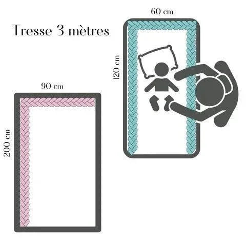 Schéma illustrant une tresse de lit verte installée autour d’un lit bébé pour sécurité.