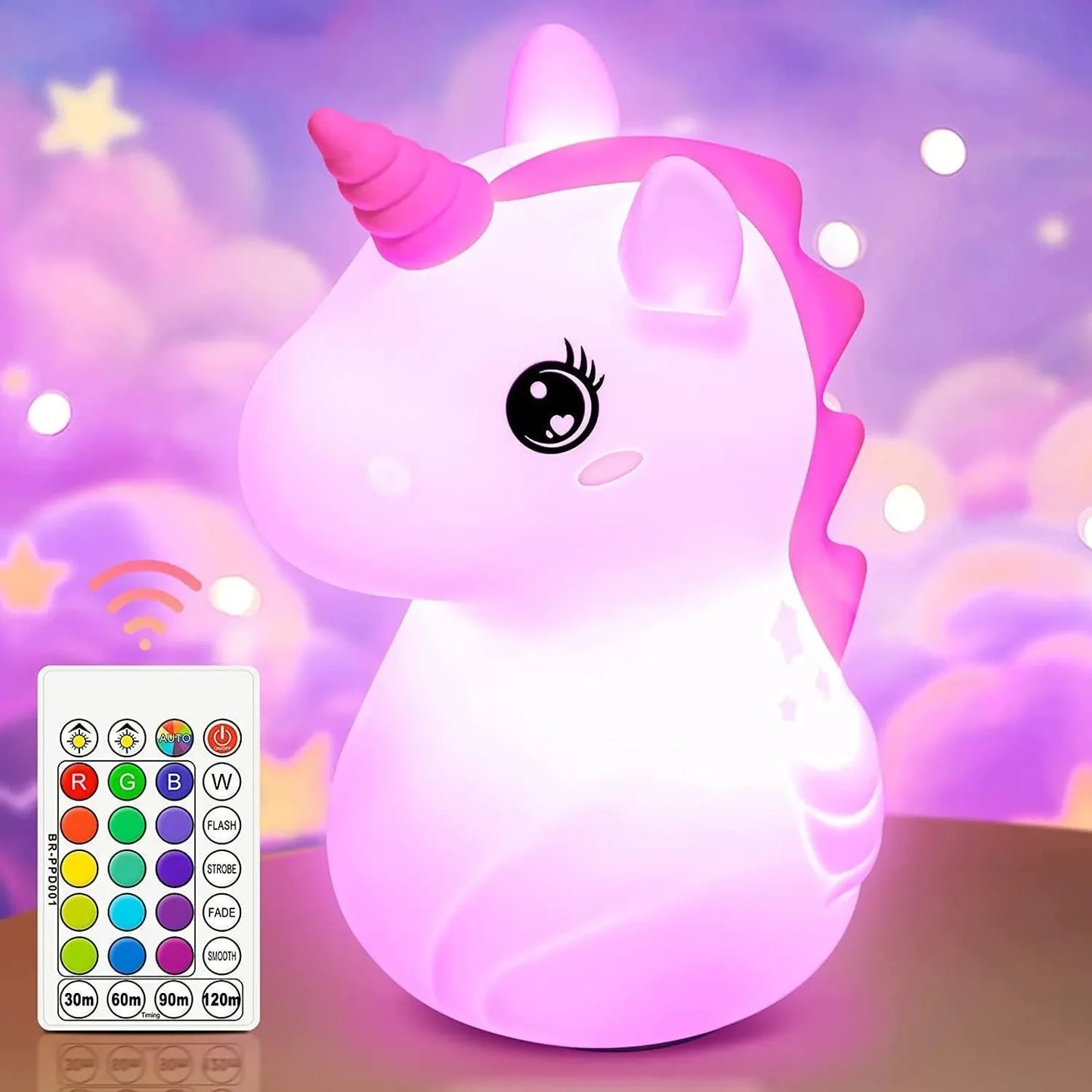veilleuse bébé licorne rose avec télécommande, lumière douce, décor nuages colorés