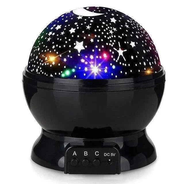 Veilleuse bébé noire avec projection plafond étoiles et lune multicolore, ambiance apaisante