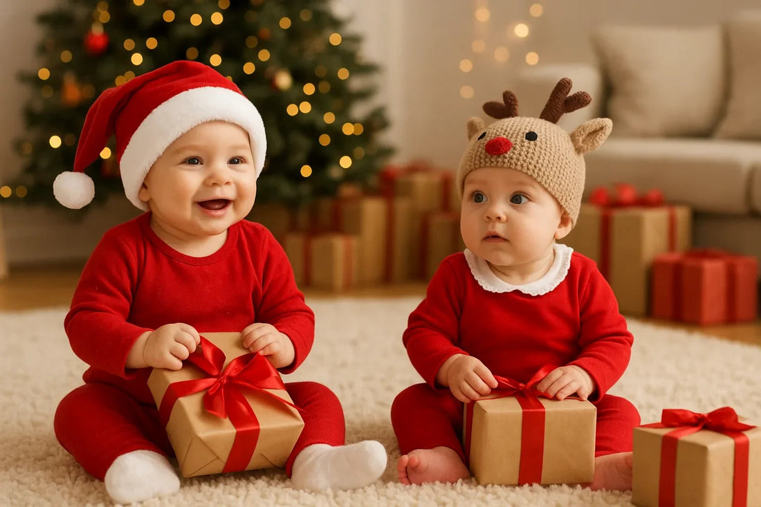 Deux bébés en pyjama rouge, bonnet de Noël et bonnet renne, assis devant un sapin décoré avec des cadeaux.