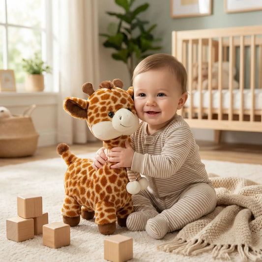 Bébé souriant en pyjama, câlinant une peluche girafe douce dans une chambre bébé lumineuse.