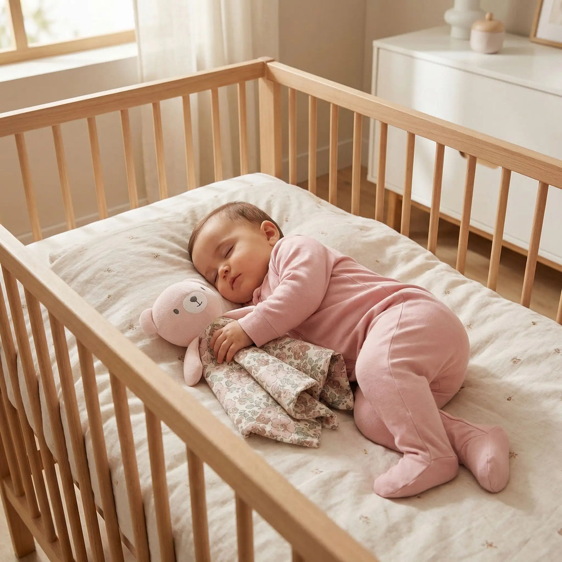 Bébé dormant en pyjama rose, câlinant un doudou ourson dans un lit bébé en bois.