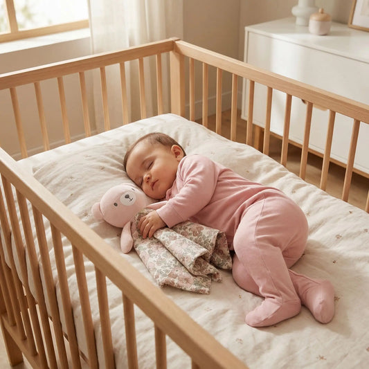 Bébé dormant en pyjama rose, câlinant un doudou ourson dans un lit bébé en bois.