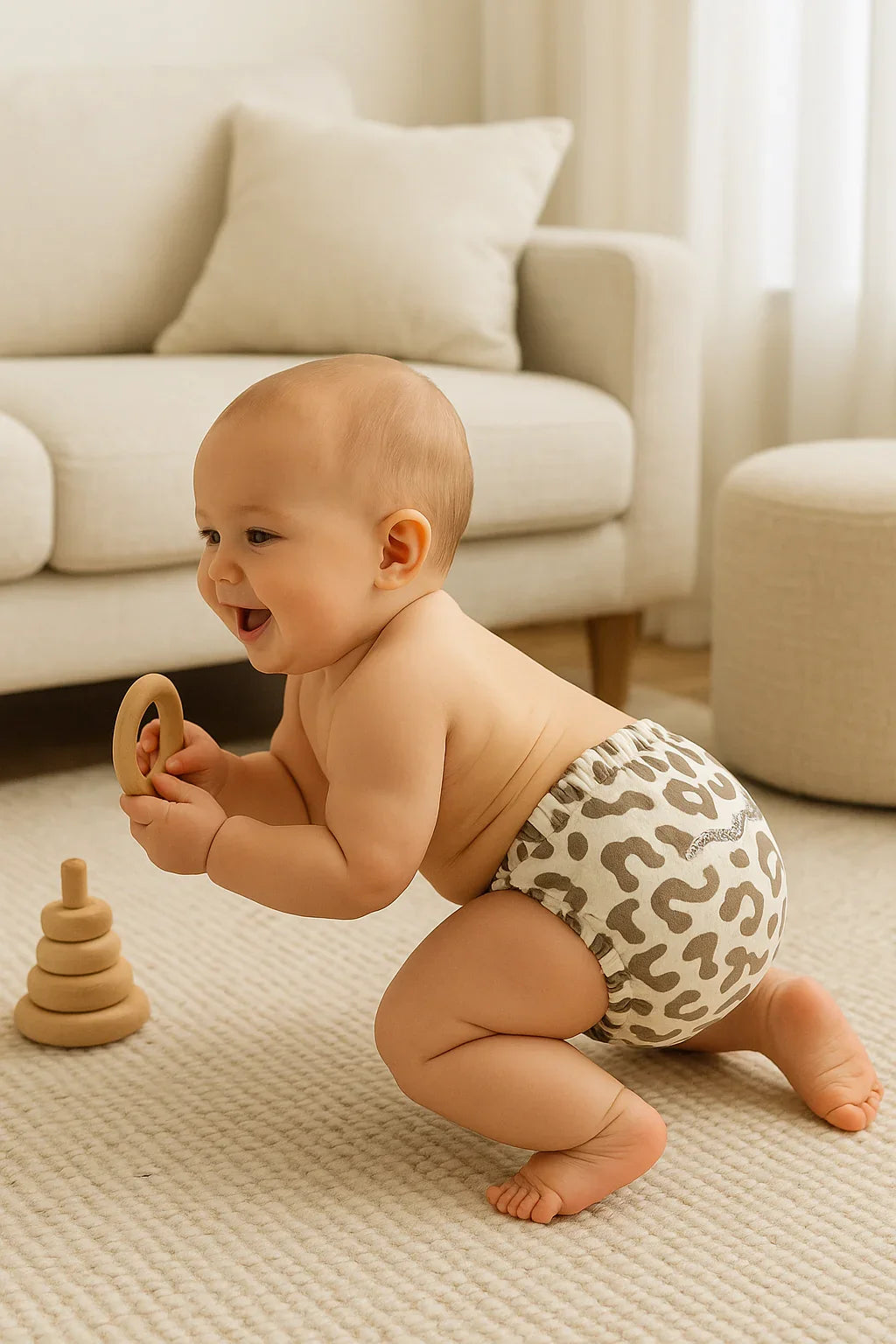 Bébé joue au sol en couche-culotte motif léopard, chambre douce et confortable.