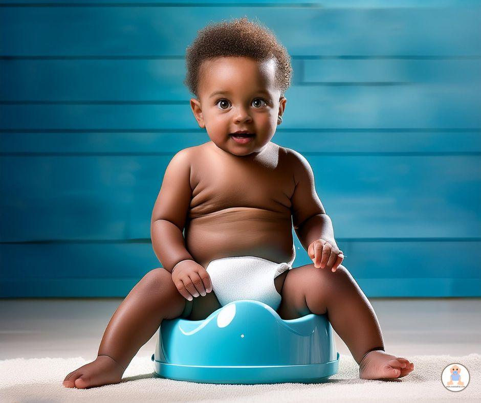 Bébé assis sur un pot bleu, apprentissage de la propreté, fond bleu, développement enfant
