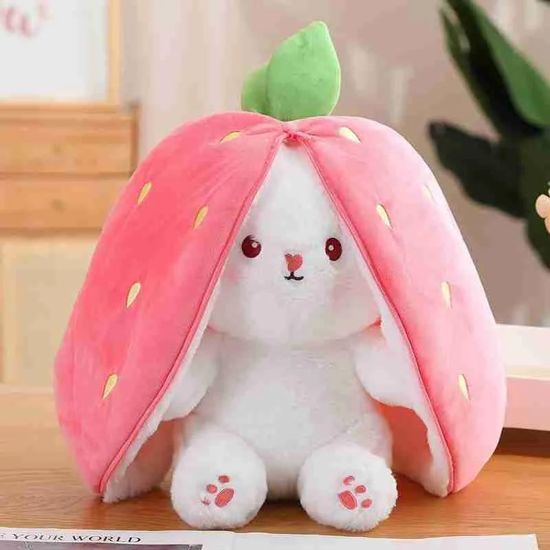 Peluche lapin blanc déguisé en fraise, jouet doux pour bébé, décoration chambre enfant