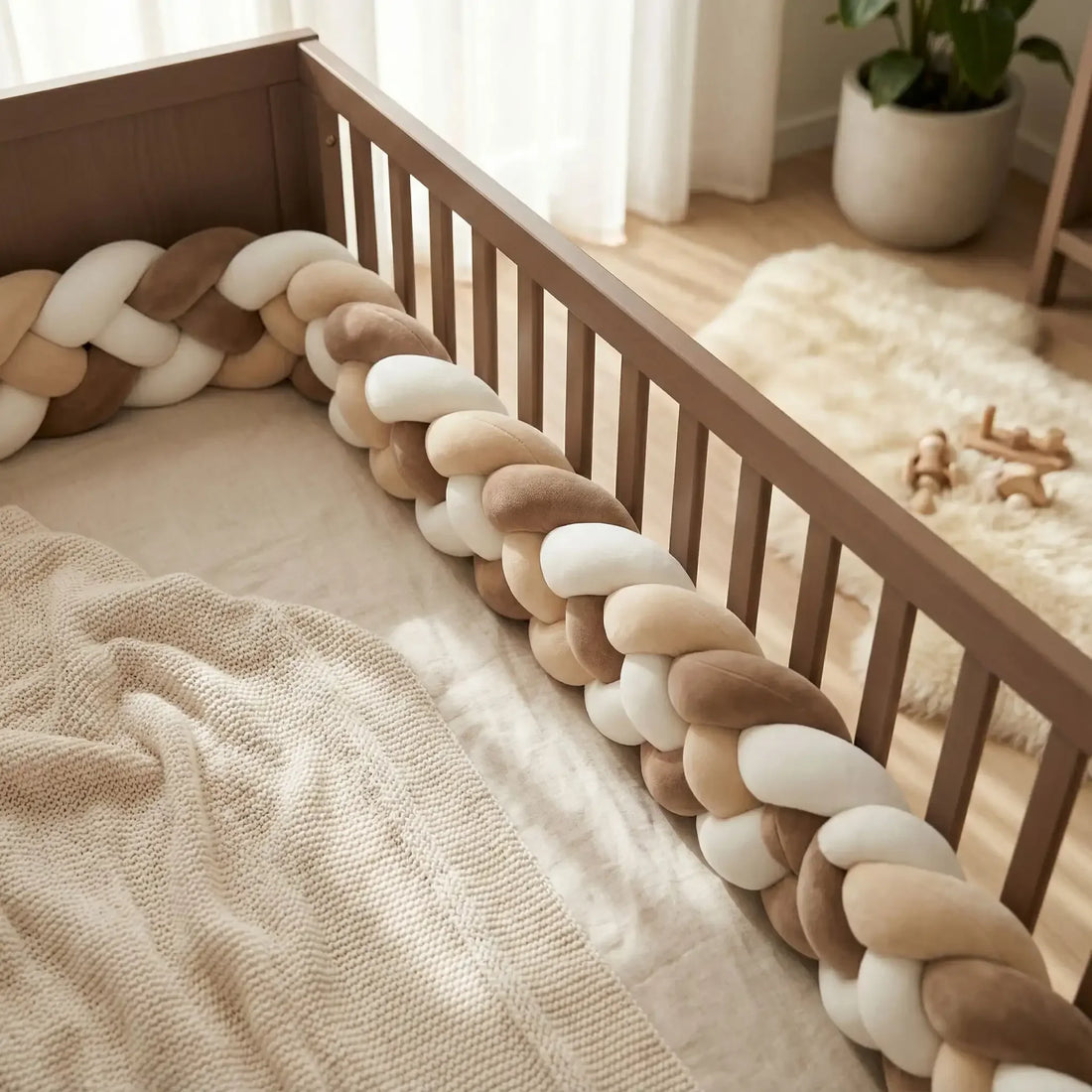 Tresse de lit bébé beige et marron en velours, installée dans un lit à barreaux en bois.