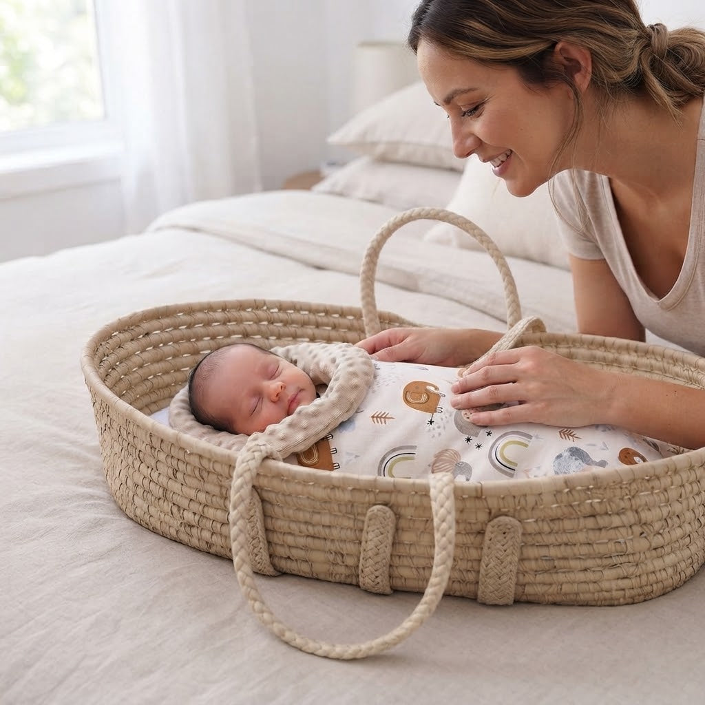 bebe avec couverture beige dans son couffin