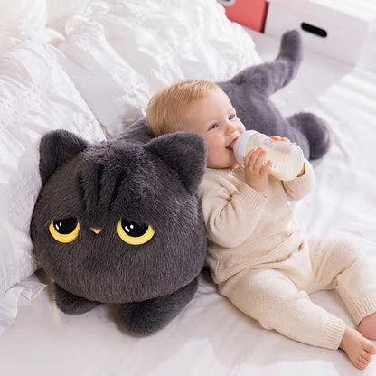 bebe boit biberon appuyé sur peluche géante chat