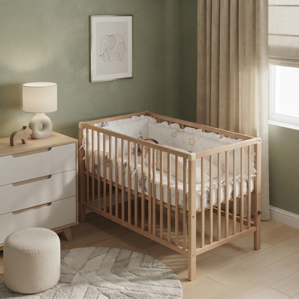 chambre de bébé au murs vert d'eau et bébé qui dort dans son lit paisiblement 