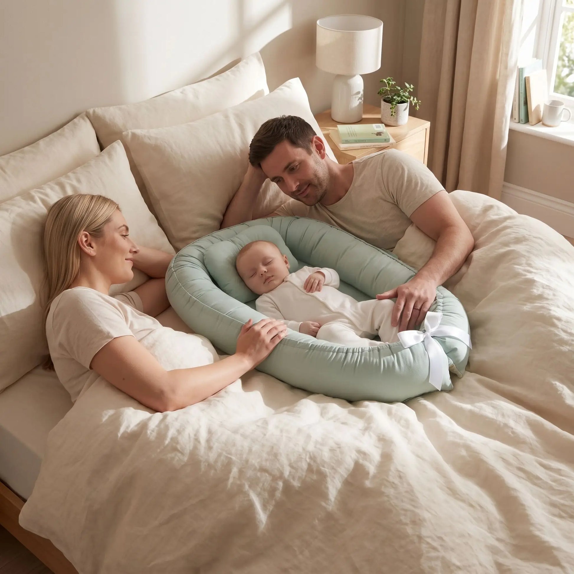 bebe-en-securite-dans-son-reducteur-lit-avec-maman-et-papa