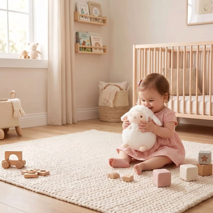 bébé fille et doudou  mouton blanc en boule