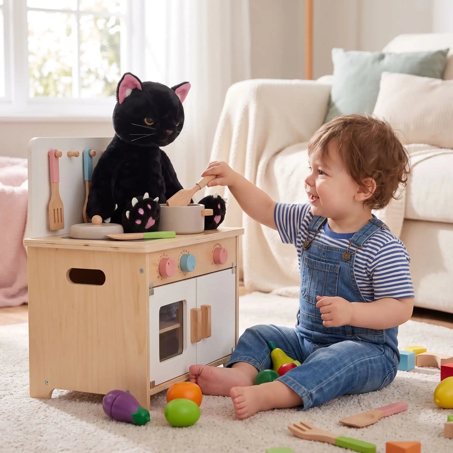 bebe fille joue a la dinette avec sa peluche chat