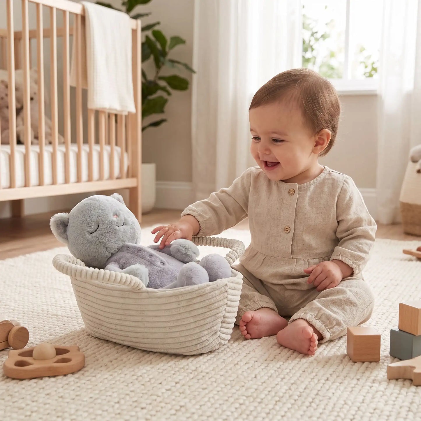 bebe fille joue avec doudou chat avec panier