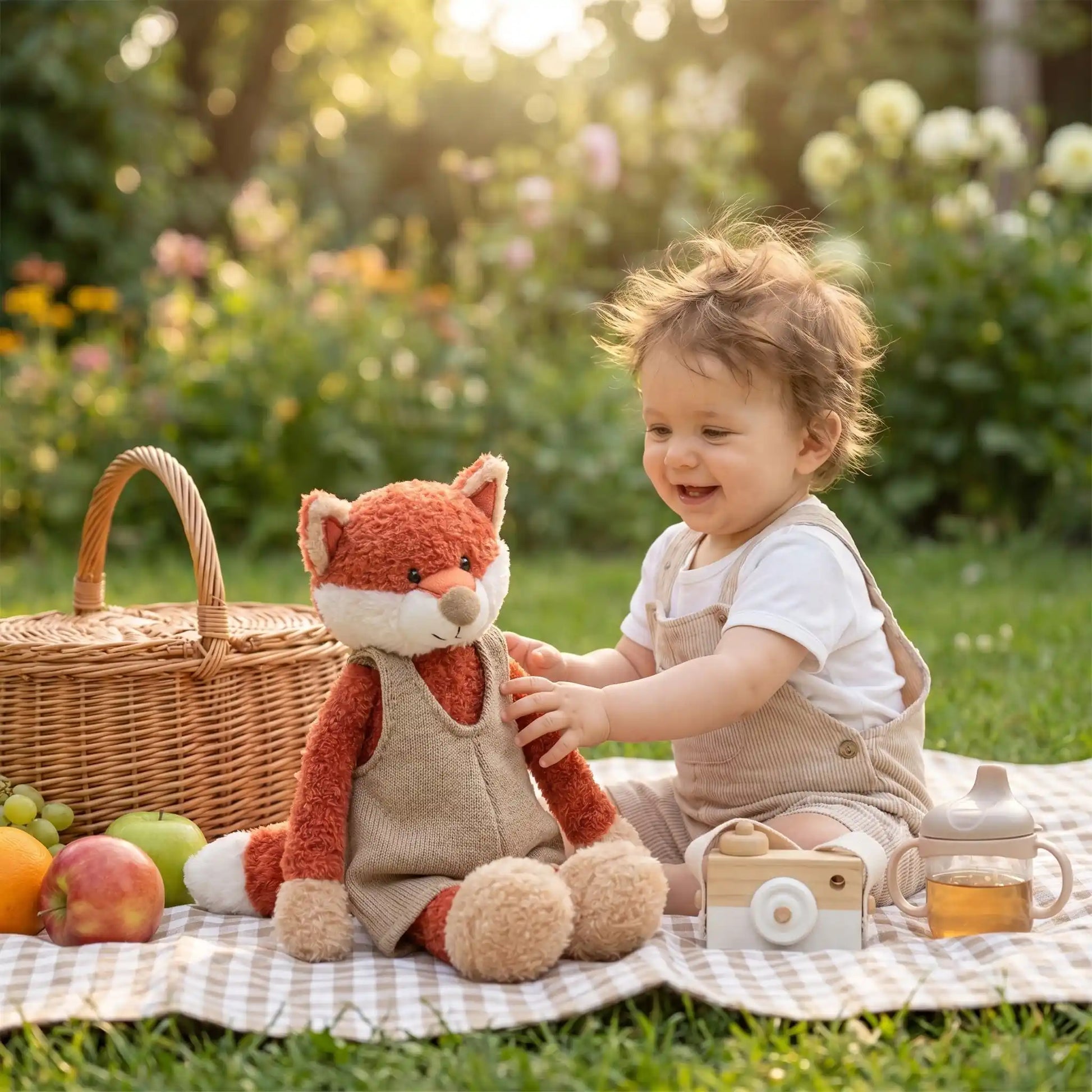 bebe-joue-avec-doudou-renard-roux-jardin