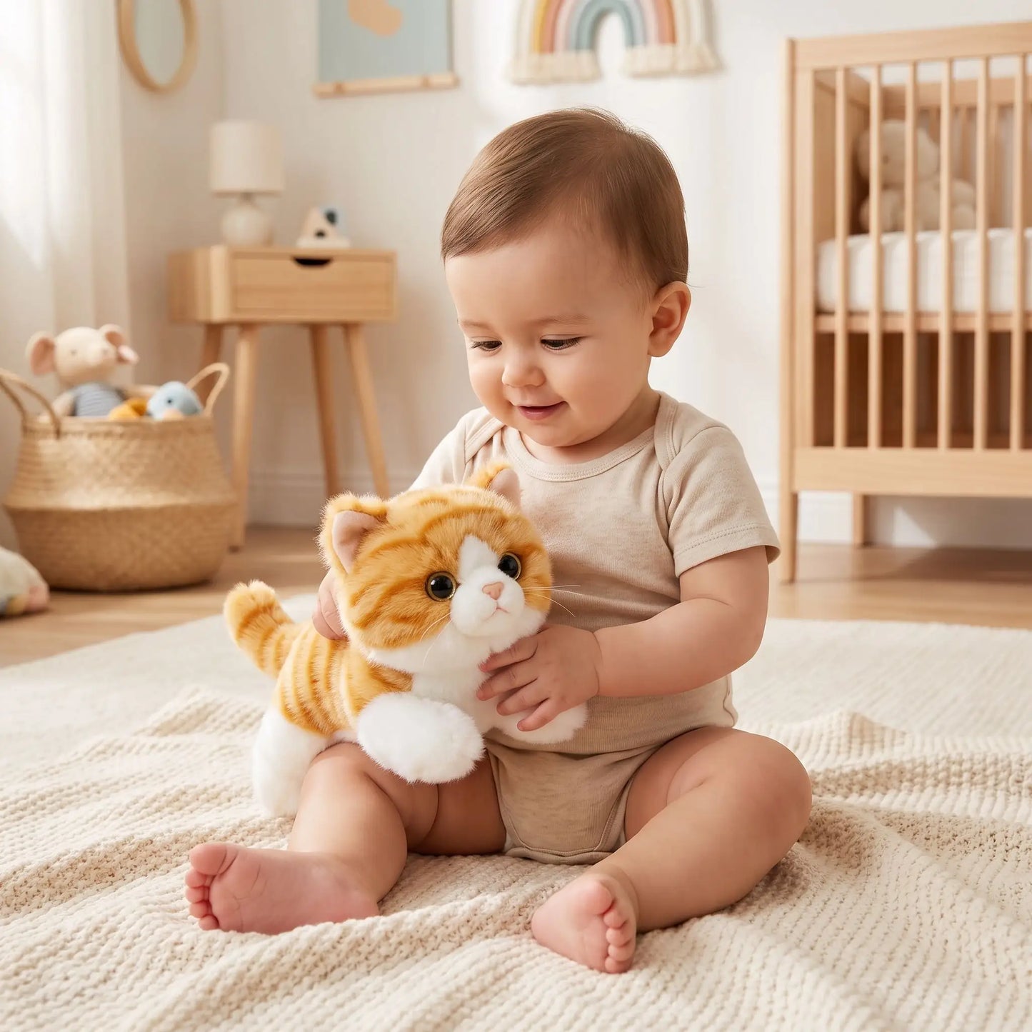 Bébé souriant avec doudou chat orange pour éveil et confort, idéal cadeau de naissance - Nanoukid