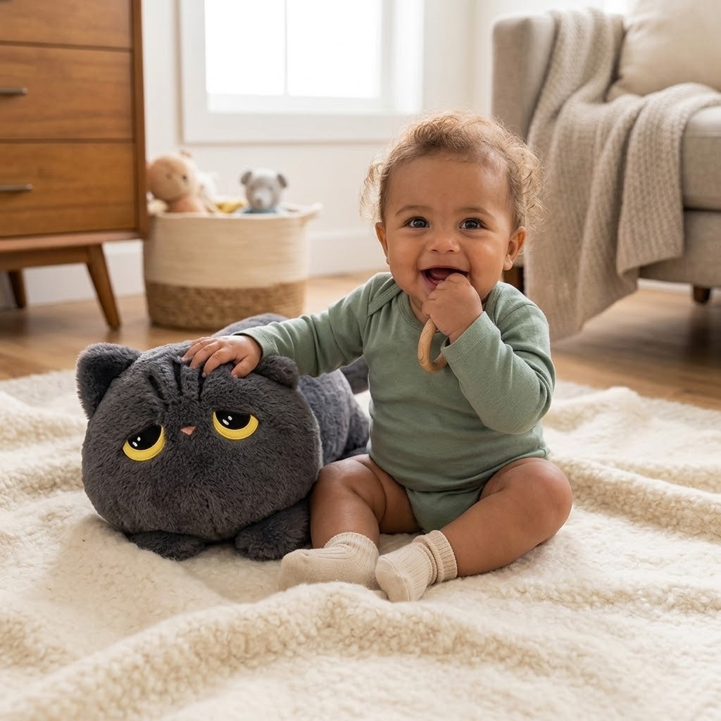 bebe joue avec sa peluche chat géante