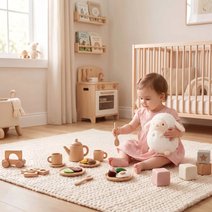 bébé joue avec doudou mouton comme maman