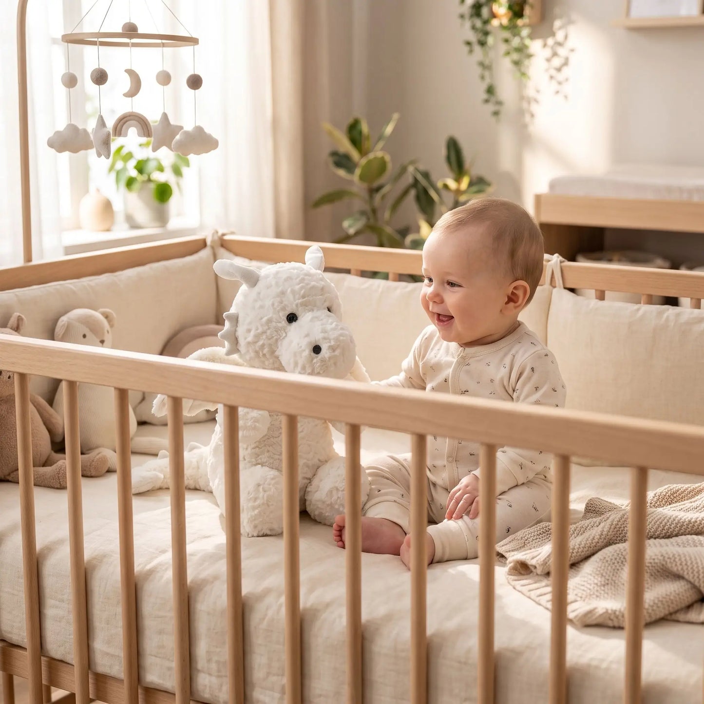 bebe peluche dragon blanc dans le lit