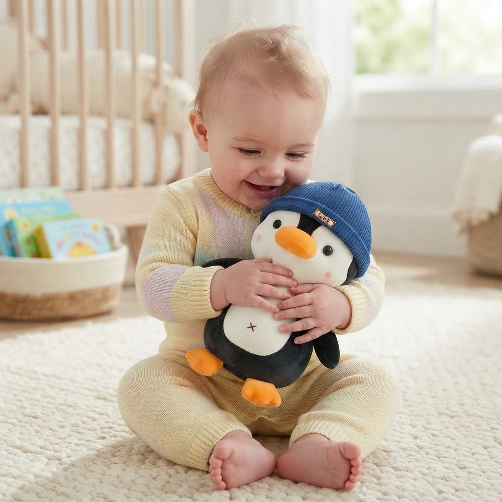bebe qui fait un calin peluche pingouin