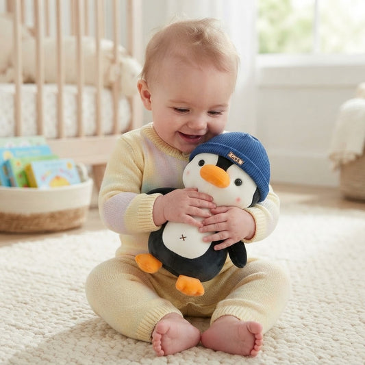 bebe qui fait un calin peluche pingouin