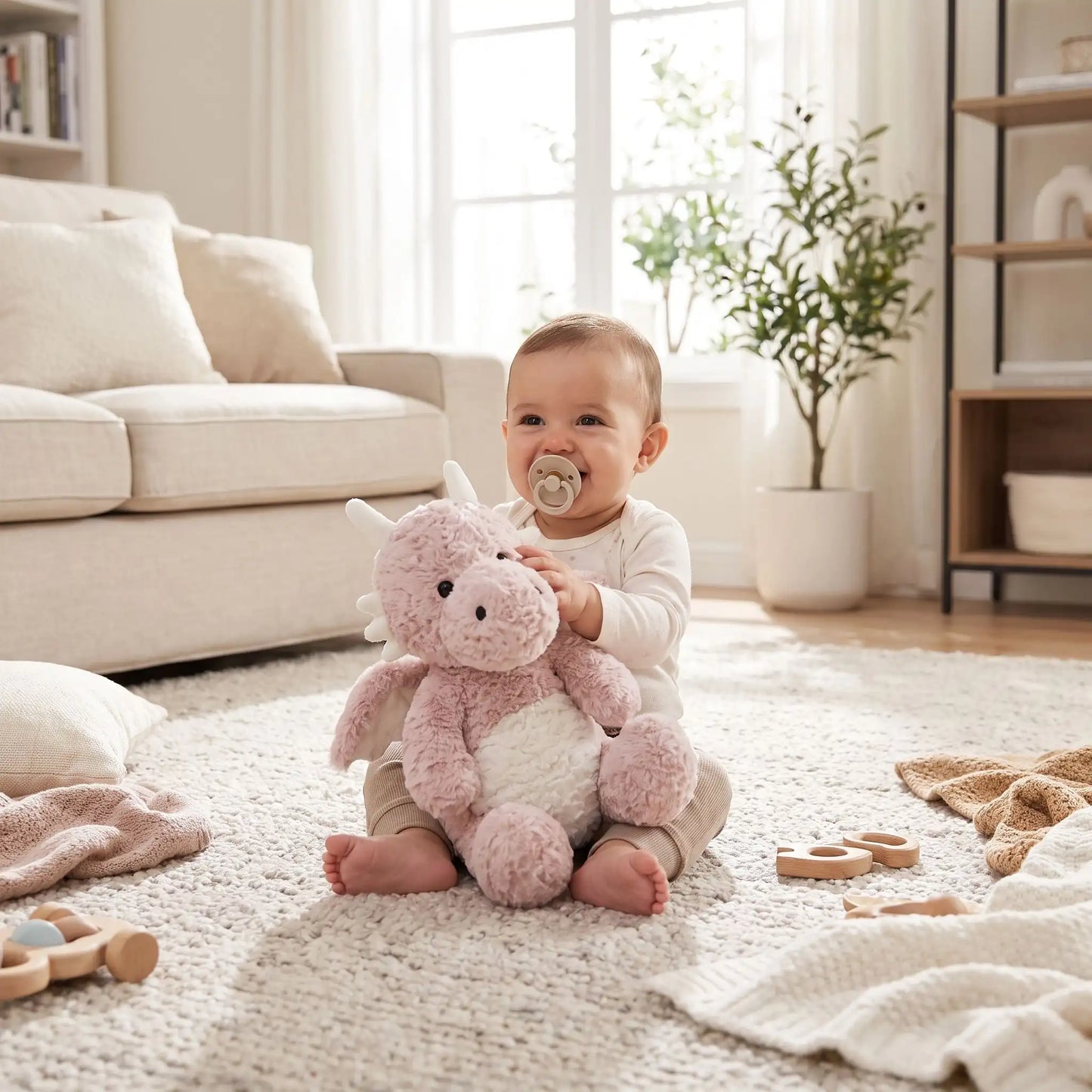 bebe qui s amuse avec peluche dragon rose