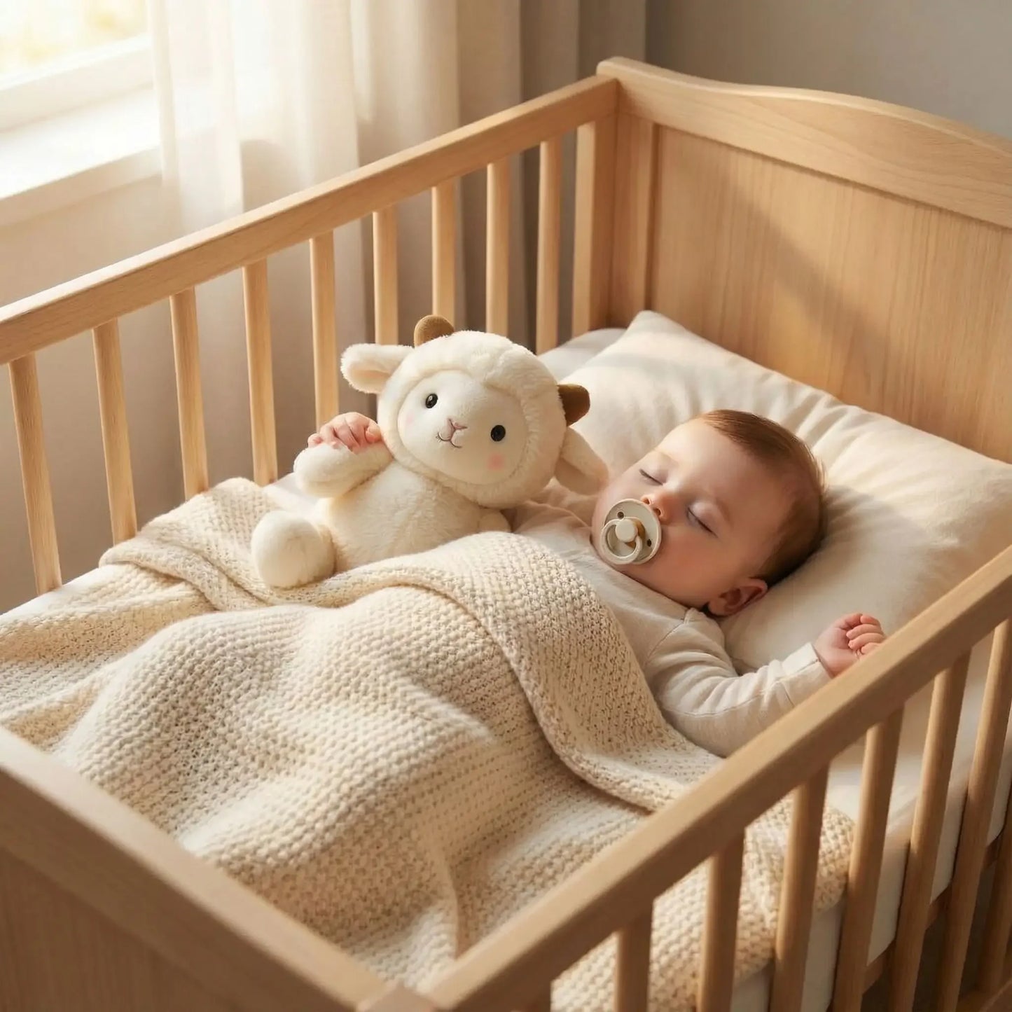 bebe qui dort dans son lit avec doudou peluche mouton blanc 