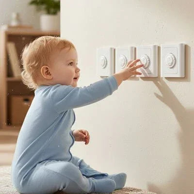 Cache prise  avec un bébé en pyjama bleu a cote