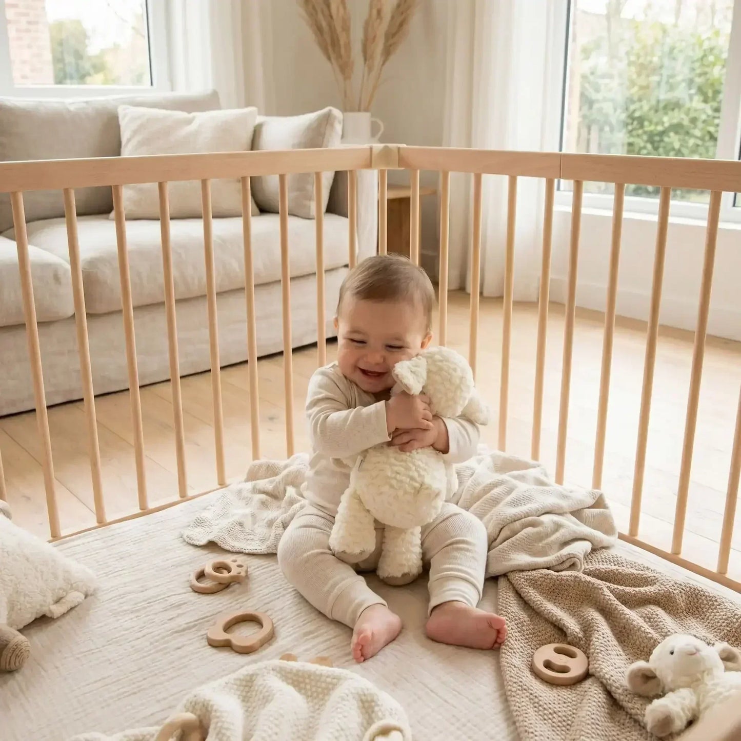 Bébé souriant dans parc en bois, câlinant un doudou mouton, ambiance cadeau de naissance et confort du sommeil - Nanoukid