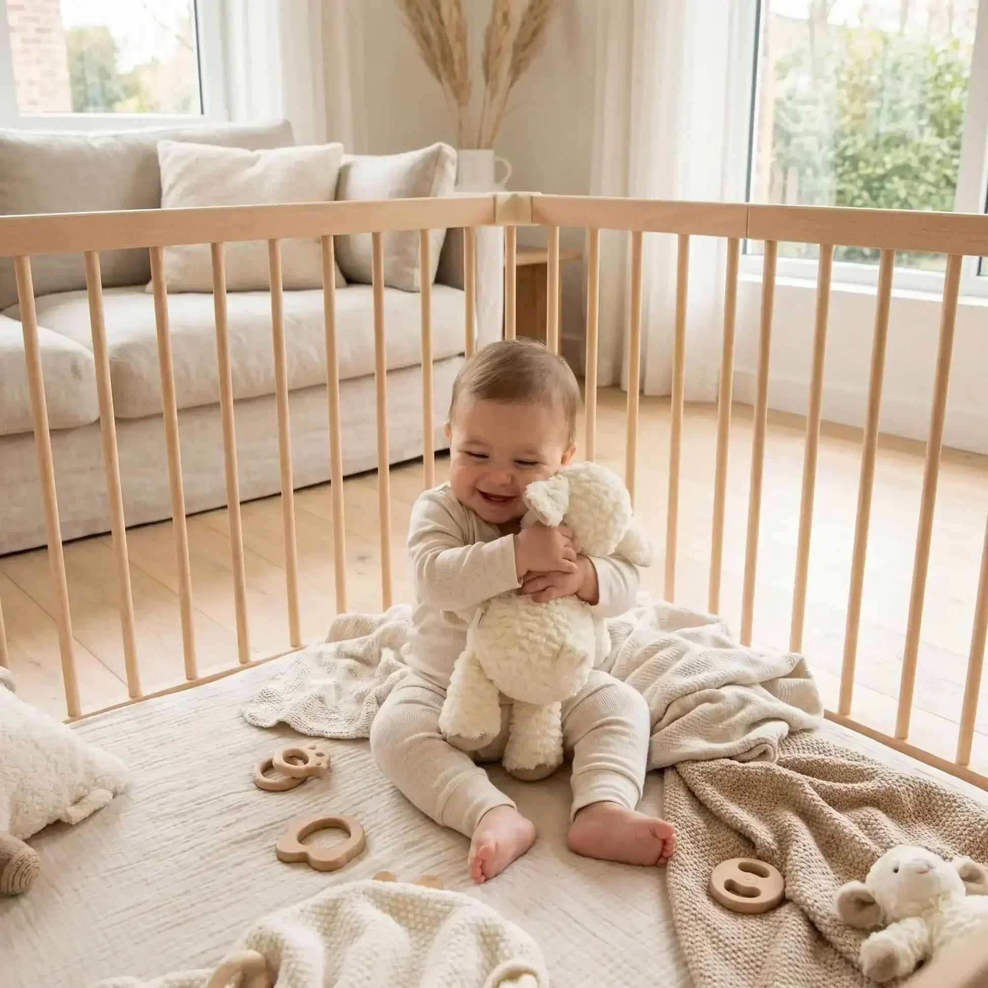 Bébé souriant dans parc en bois, câlinant un doudou mouton, ambiance cadeau de naissance et confort du sommeil - Nanoukid