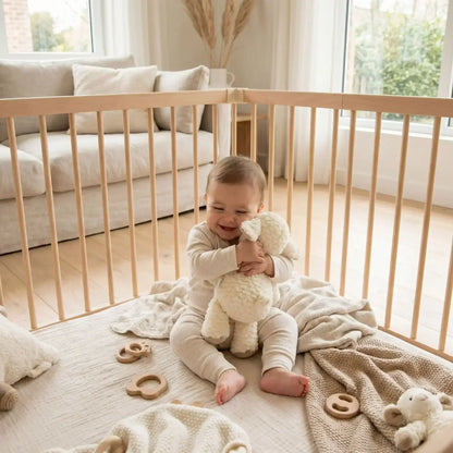 Bébé souriant dans parc en bois, câlinant un doudou mouton, ambiance cadeau de naissance et confort du sommeil - Nanoukid