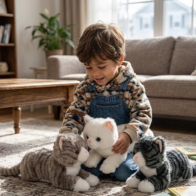 Chats peluche avec bebe qui joue sur le sol