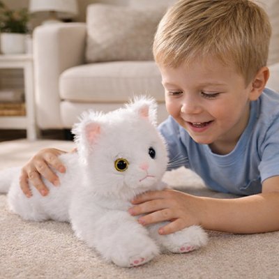 Chats peluche blanc avec petit garcon