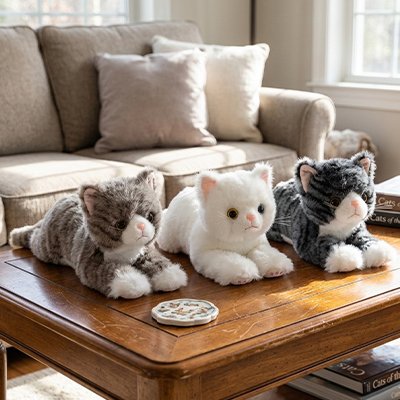 Chats peluche de couleurs gris blanc et brun