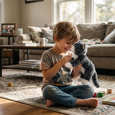 Chats peluche gris avec bébé de 2 ans