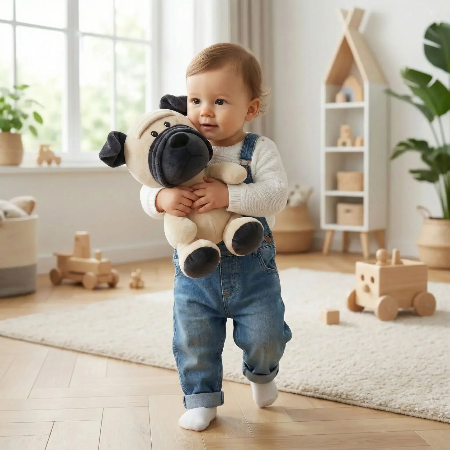 Bébé tenant un doudou chien dans une chambre enfant, ambiance douce et rassurante.