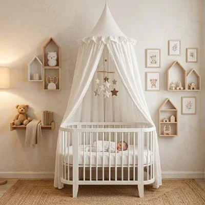 Ciel de lit blanc sur le lit cage bébé